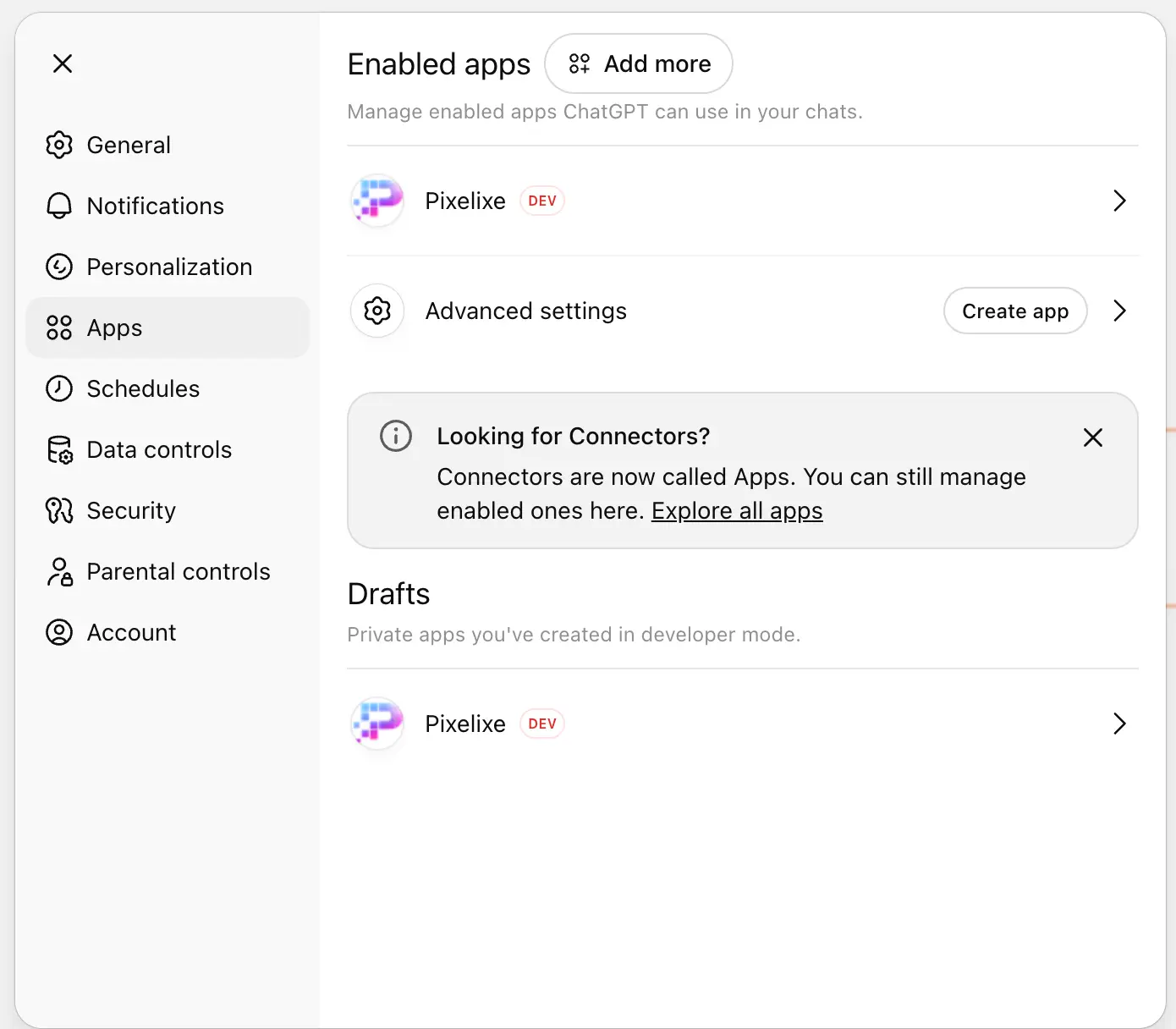 Open ChatGPT settings and go to the Apps section