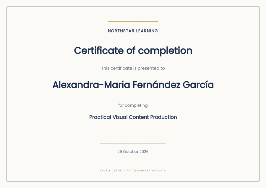 Sample certificate with the long recipient name Alexandra-Maria Fernández García