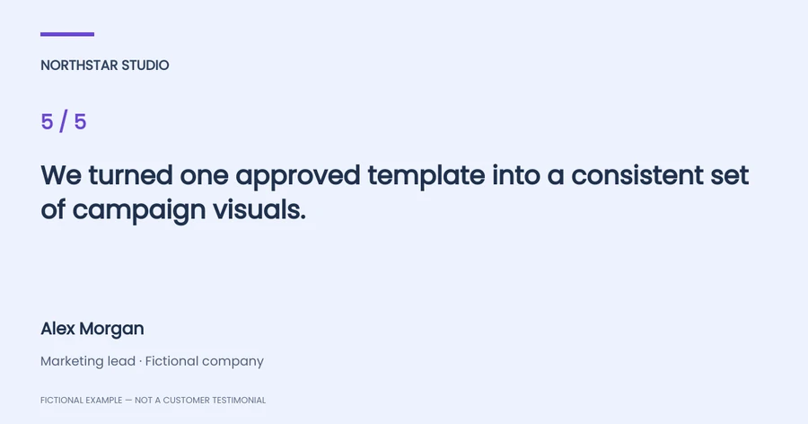 Landscape testimonial image showing the same fictional review and reviewer attribution