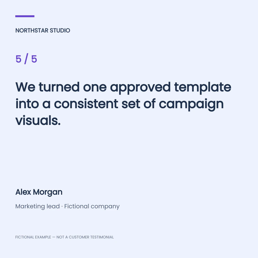 Square testimonial image with a fictional quote, reviewer name and five out of five rating