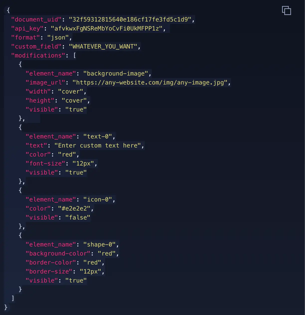 Pixelixe API request example for image customization