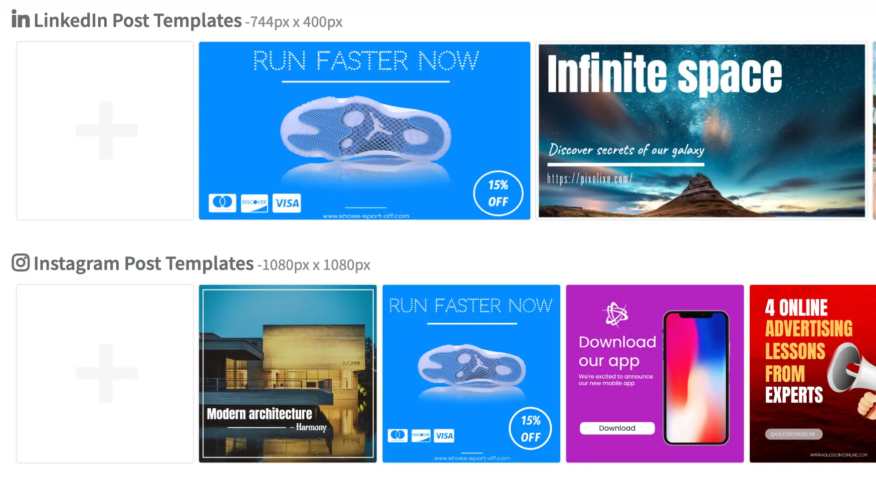 Pixelixe template library for marketing content formats